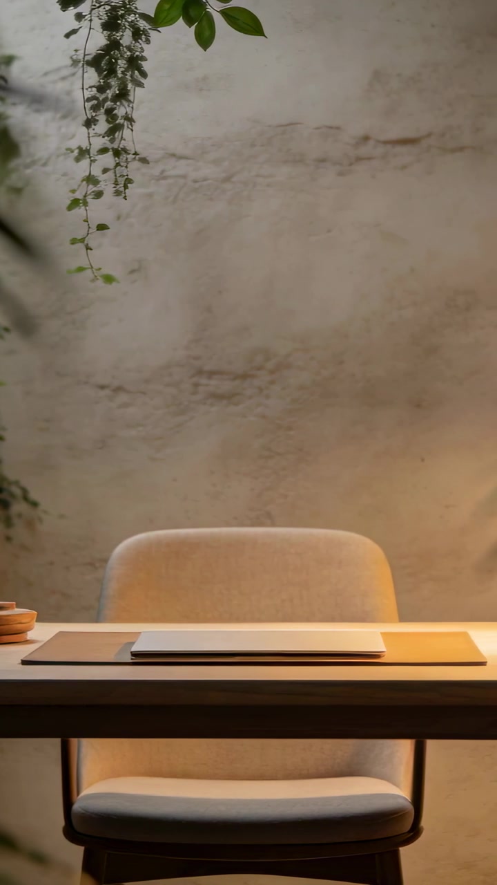 Vertical video: Showing wood desk and padded chair with laptop and vine swaying while lamp glowing