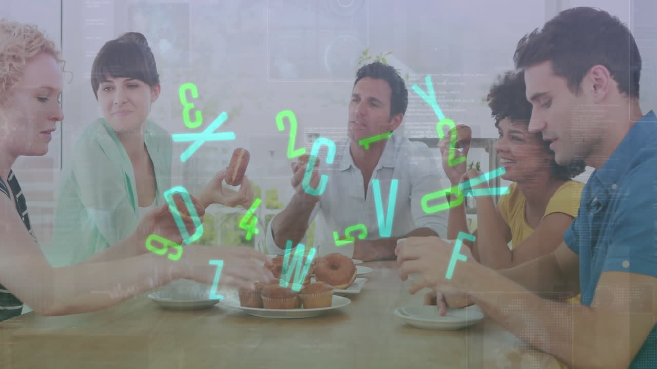 집에서 컵케이크와 도을 먹는 다양한 친구들에 의해 변하는 숫자와 글자의 애니메이션