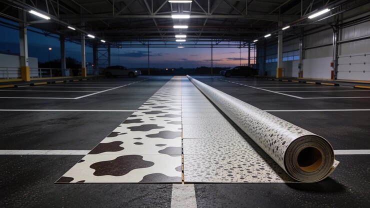 Pulling off-frame crew unrolling printed vinyl roll down garage bay, aligning seam with center line