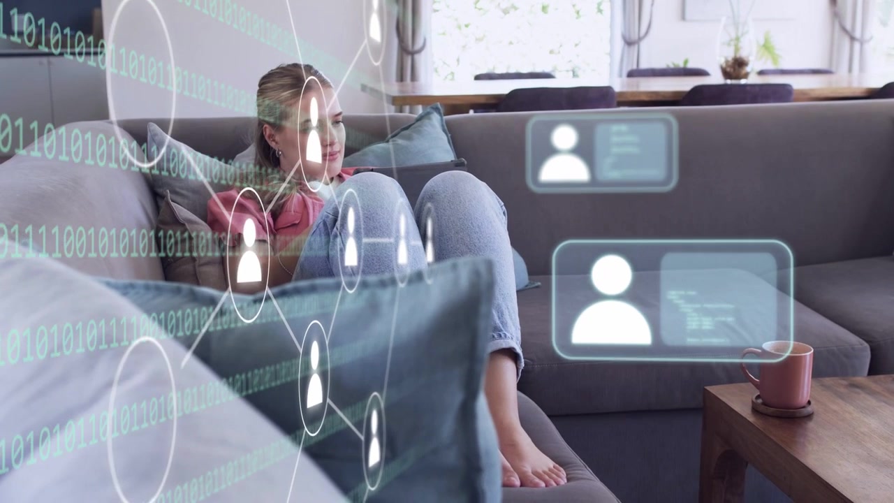 Woman sitting on sofa, watching system launching code, icons, profile cards for tech review