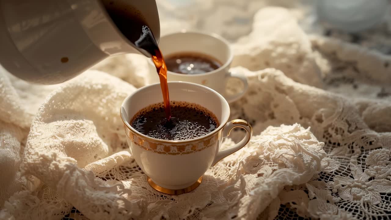 Hældning af karaffel, der kommer ind fra venstre, sender mørk kaffe ned i en kop med guldkant på en kniplingsdug, serveringsritual