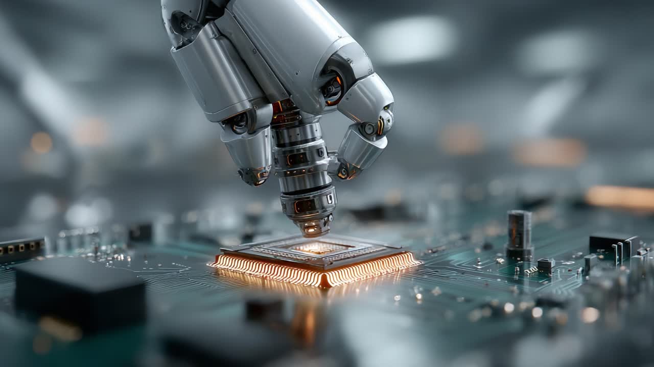 A Close-Up View of an Advanced Robotic Hand Installing a Microprocessor on a Circuit Board, Showcasing the Precision of Modern Technology and Robotics