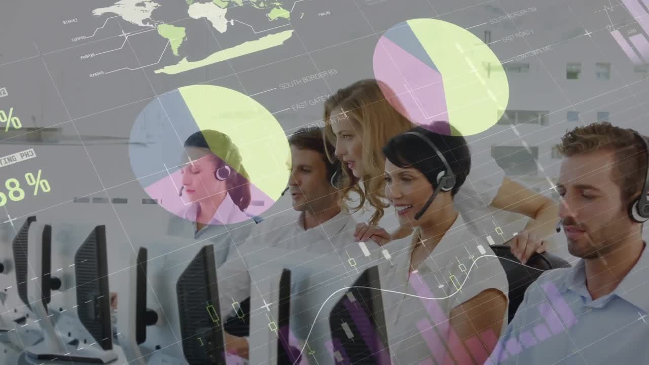 animación de estadísticas y procesamiento de datos sobre personas de negocios que usan auriculares telefónicos
