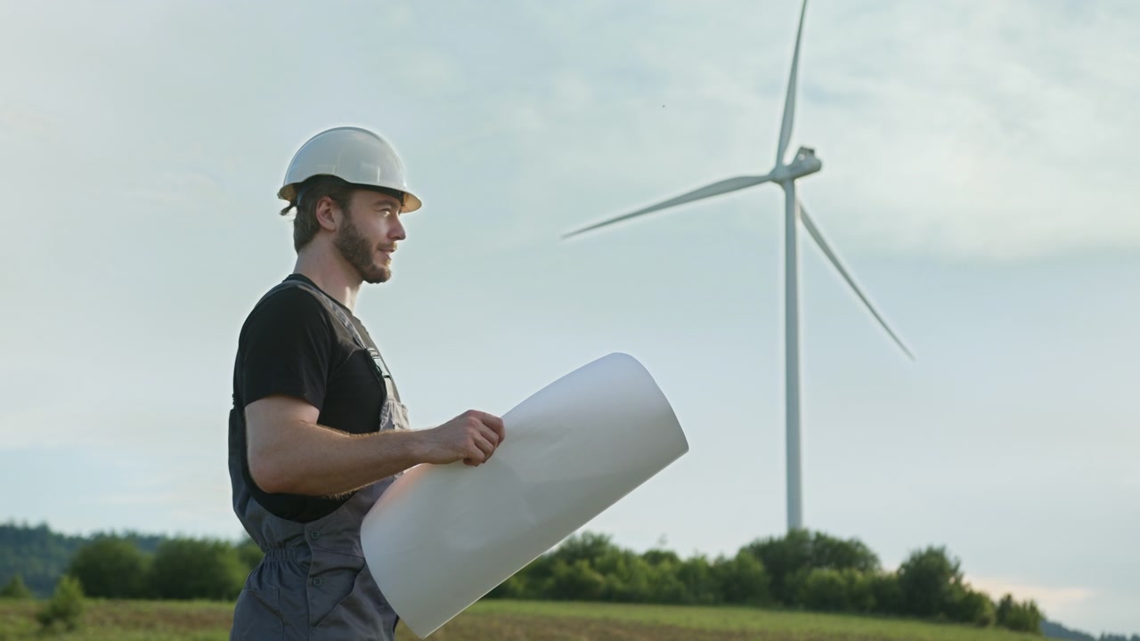 Man in hard hat and overalls holds rolled blueprints near wind turbines in field renewable energy