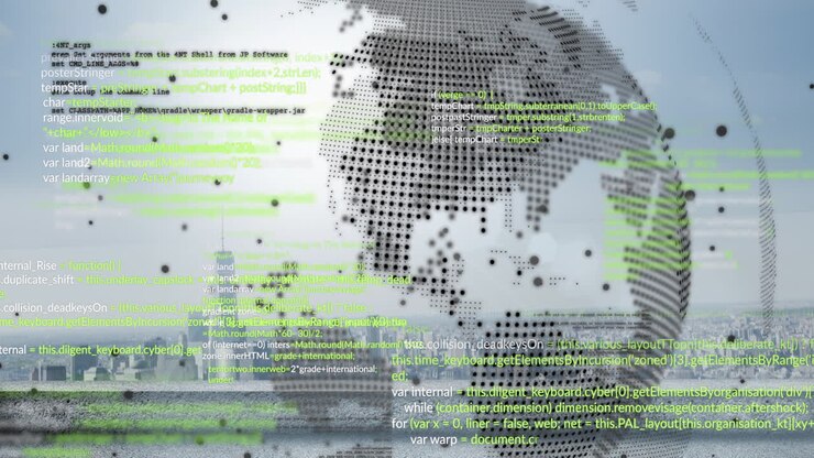 Animation of processing data over globe and cityscape