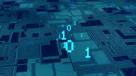 animación del procesamiento digital de datos y codificación binaria en una placa de circuitos informáticos