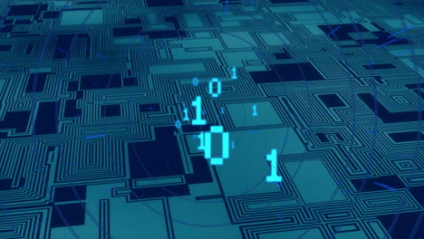 animation of digital data processing and binary coding over computer circuit board