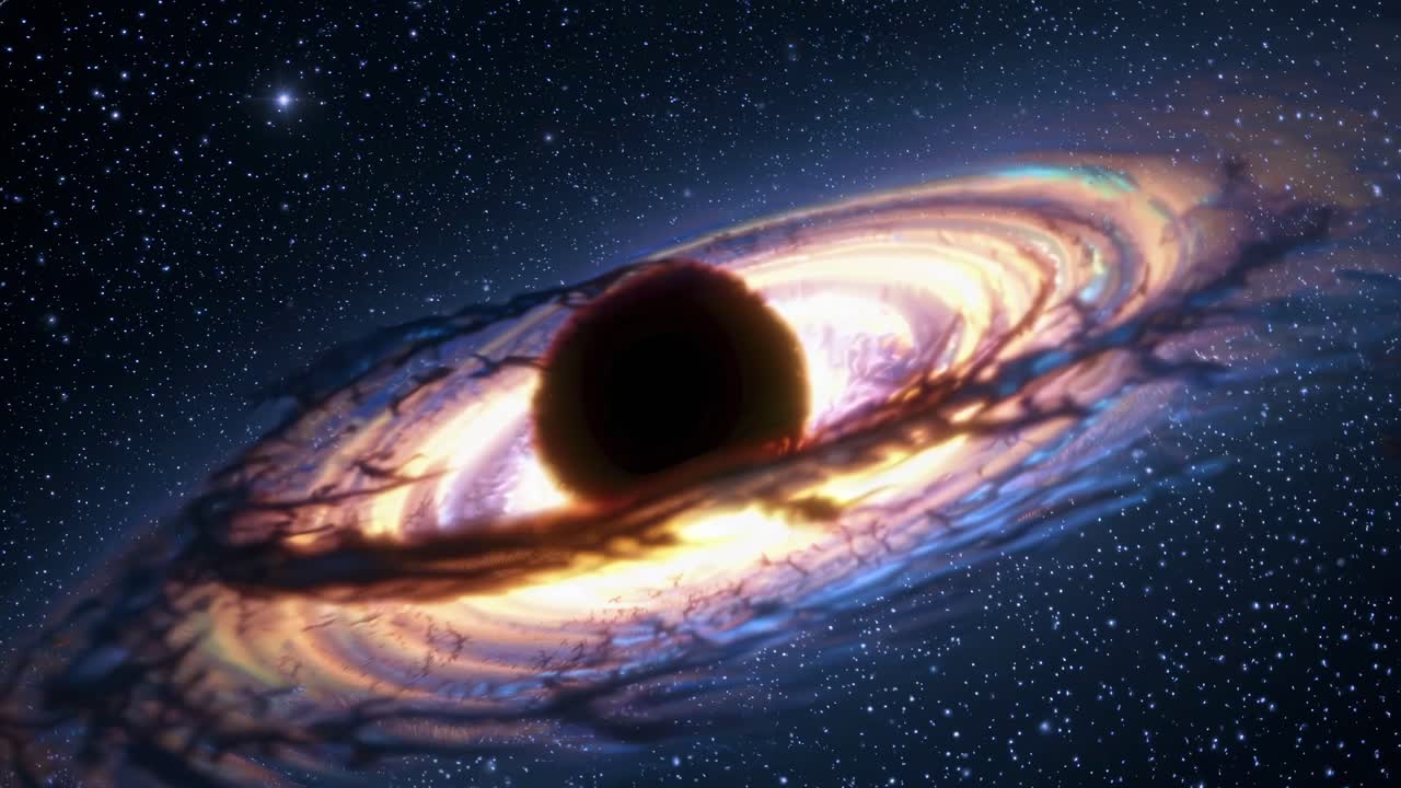 A mesmerizing video still of a black hole, captured from a dynamic angle, showcasing swirling cosmic