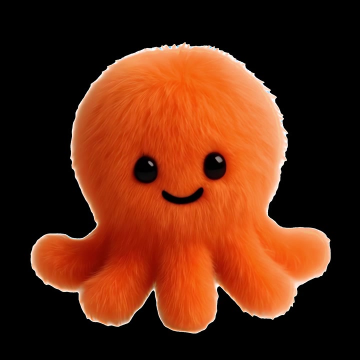 Sød, blød, orange blækspruttebamse isoleret på sort baggrund