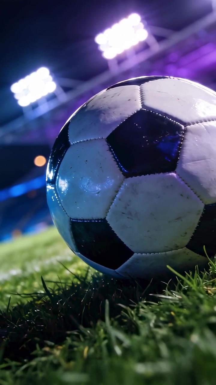 Dikey video: Kamera içeri doğru hareket ediyor, sahada futbol topuna doğru eğiliyor, projektörleri ve çiyi gösteriyor.