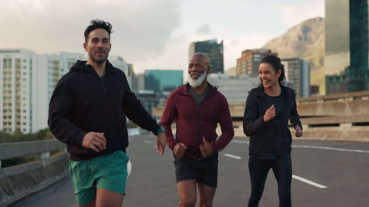 Group, city and people with fitness