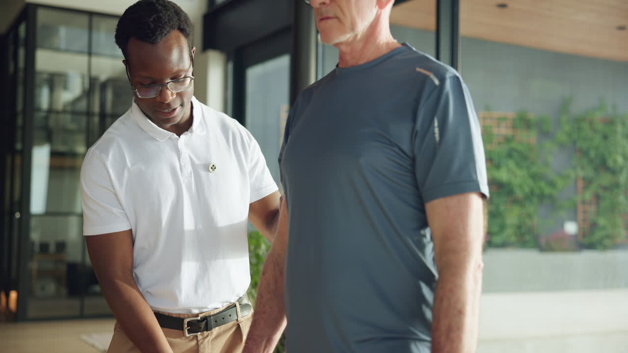 Personal Trainer Guiding Senior Man Through Dumbbell Exercises