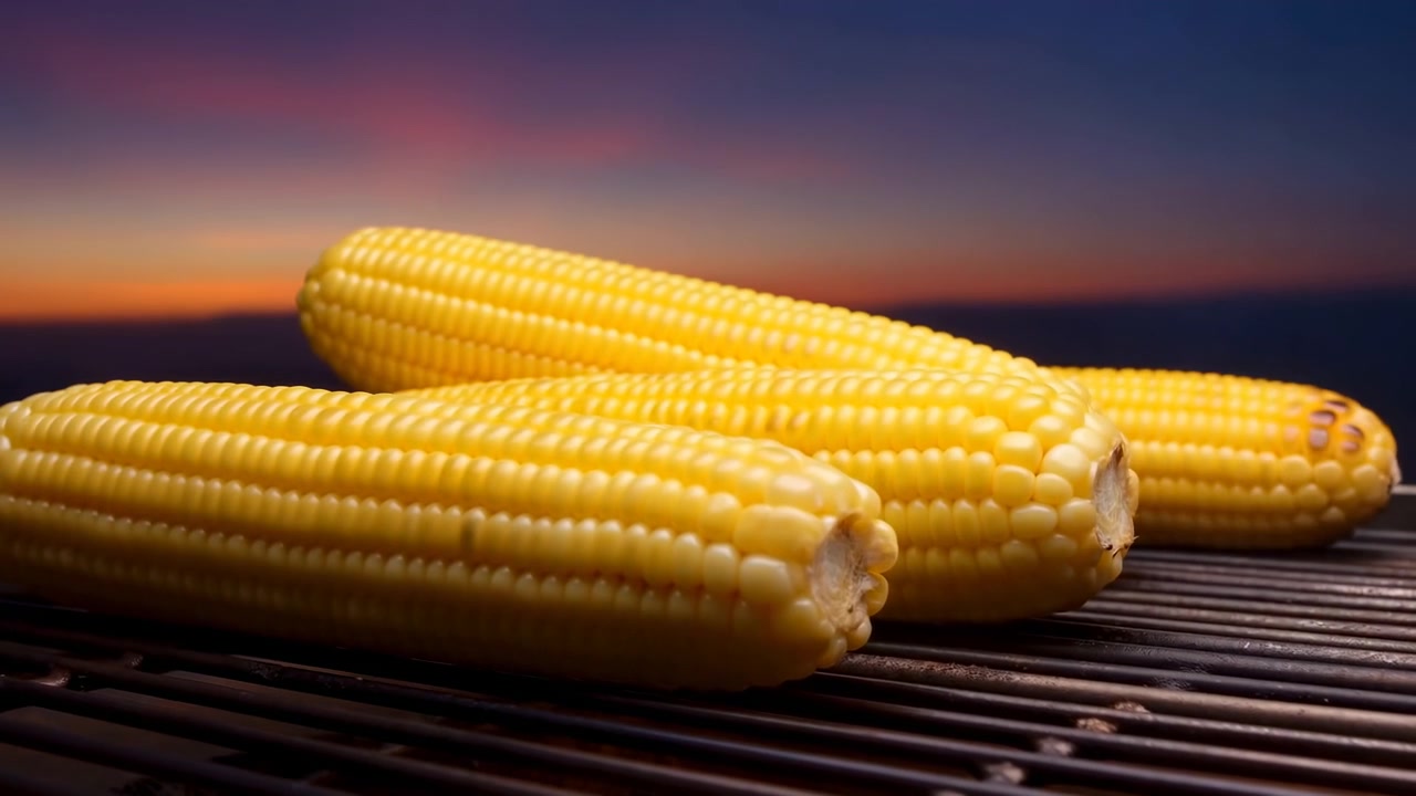 Several ears of corn cook on a metal grill in warm sunset light, with light smoke rising against a colorful orange and purple sky. The scene shows a rustic