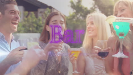 animation of bar text over happy diverse friends with drinks