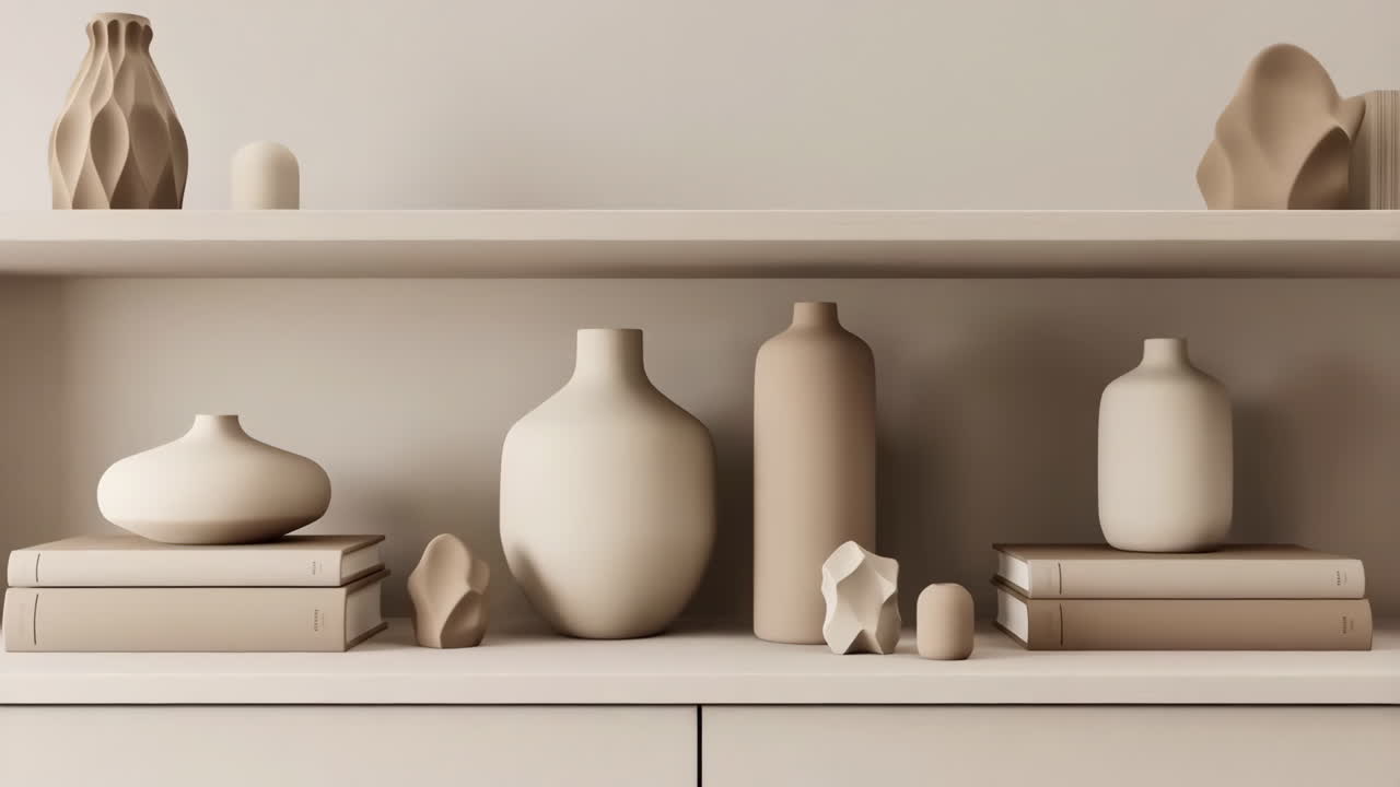 Minimalist Home Decor Shelf with Neutral Ceramic Vases and Books