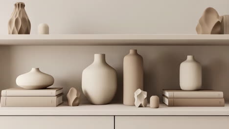 minimalist home decor shelf with neutral ceramic vases and books