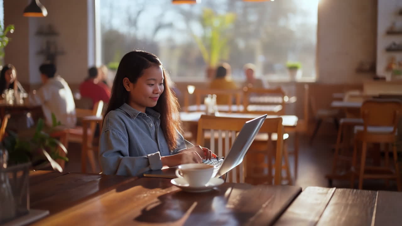 카페 에서 노트북 을 사용 하고 있는 젊은 여자