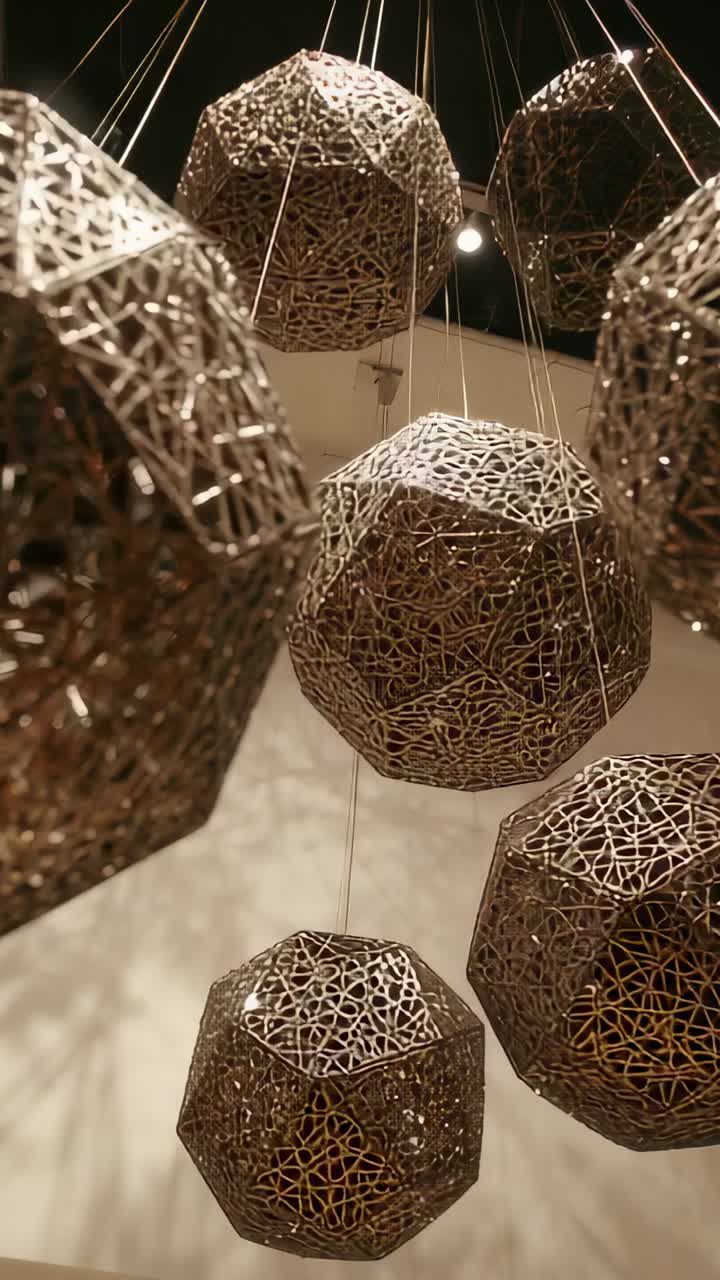 Vertical video: Tilting camera upward, showing metal pendants in gallery, casting lattice shadows