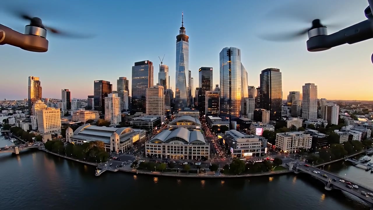 Vista aerea dello skyline di Melbourne al tramonto.