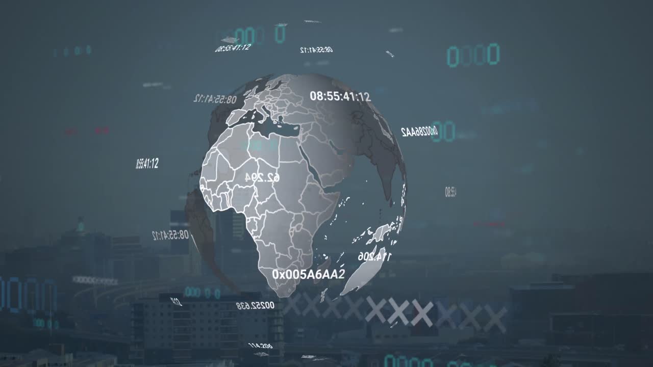 animación de números cambiantes alrededor del globo giratorio y la ciudad moderna contra el cielo