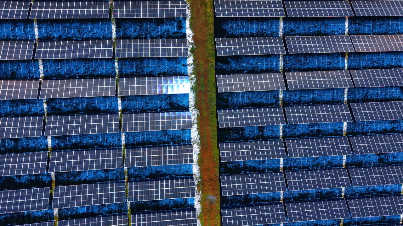 Vista dall'alto di un impianto solare con strada di servizio. Scatto aereo di pannelli fotovoltaici separati da un sentiero sterrato centrale su un campo