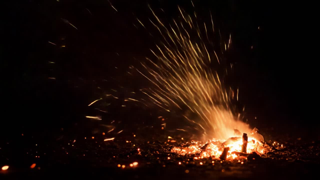 Captivating Sparks Emerge from Glowing Embers at Night, Illuminating the Darkness with Radiant Flashes and Dynamic Motion, Creating an Enchanting Atmosphere