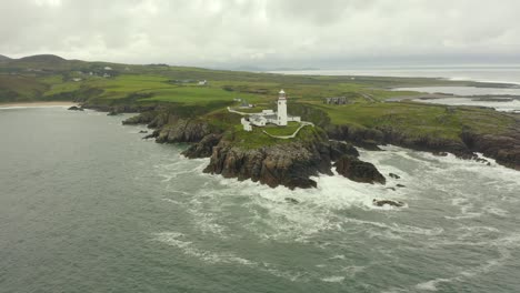 Aerial-view,-pan-left,-4K,-Fanad-Head-Lighthouse,-located-in-the-north-coast-of-Ireland