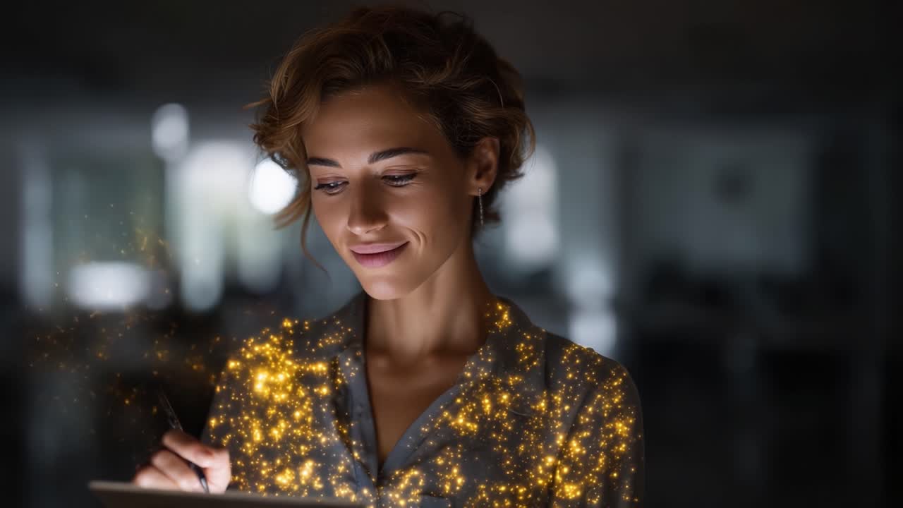 Betagende glød: En kvinde fordybet i kreativ digital kunst, der udstråler magi fra sin tablet, og viser innovativ teknologi og inspiration i et fængslende miljø