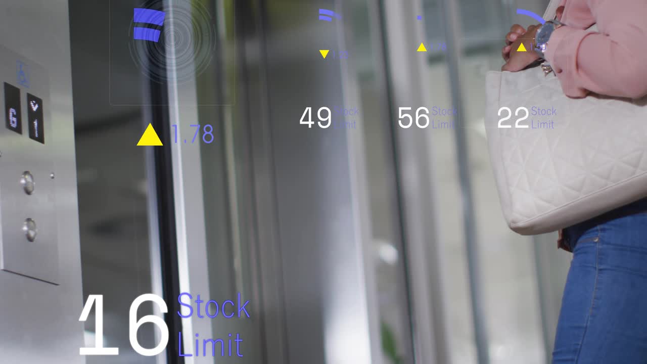 Woman pressing button in office, causing AR counters counting down near doors while checking watch