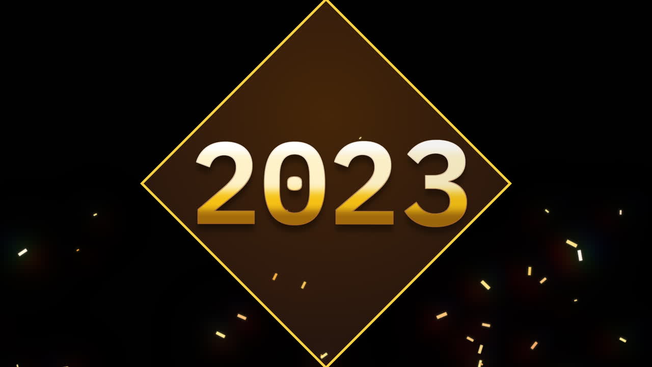 2023 con coriandoli dorati volanti su sfumatura nera