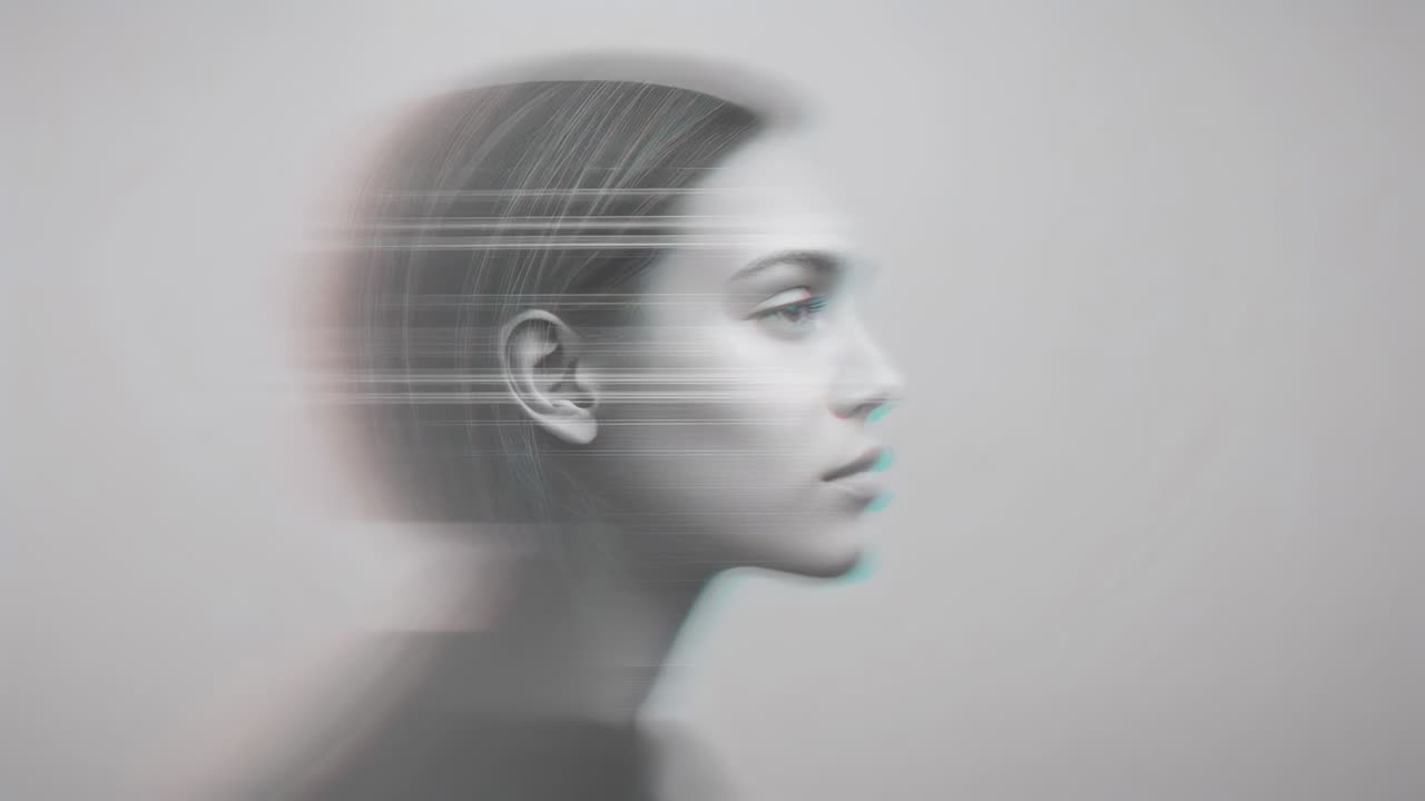 Holding woman facing right wearing dark top at studio, scanline glitch creating layered ghosts