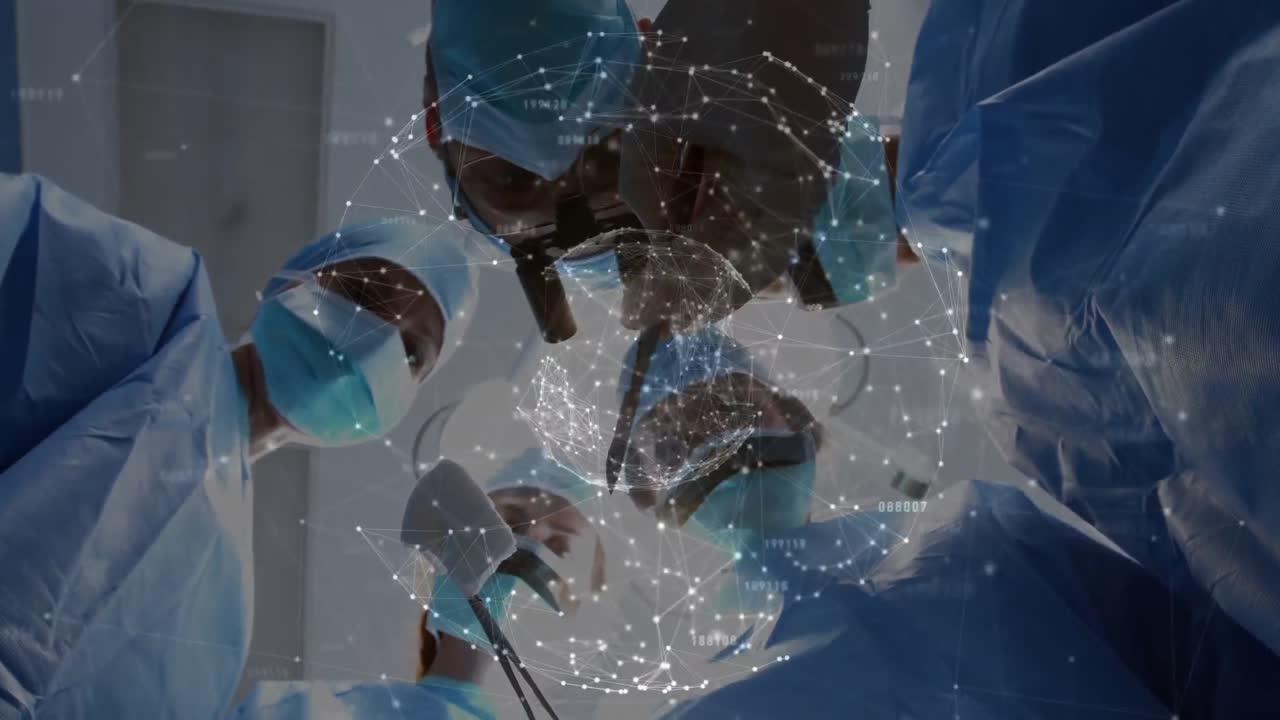 Animace glóbu se sítí propojení přes chirurgy v rouškách