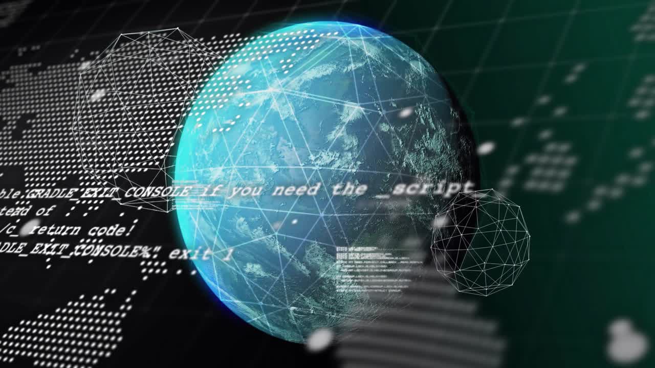 Scrolling code initiating globe spin, orbiting wireframes overlaying code visualizing process