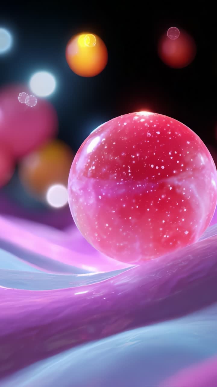 Una vivace composizione di sfere colorate su una superficie fluida con effetti scintillanti, che cattura la bellezza dell'arte astratta e della fisica in movimento
