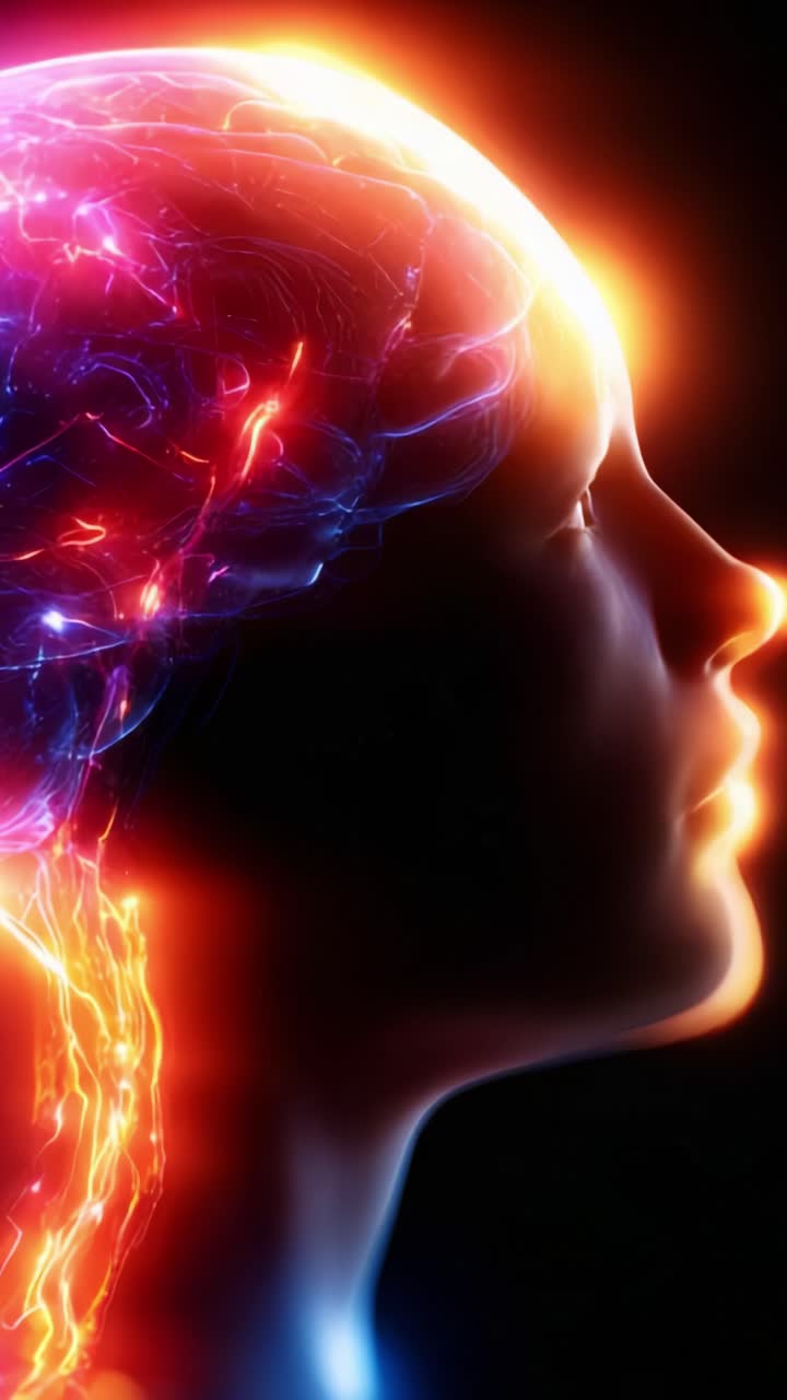Una representación cautivadora de un perfil humano con una actividad neuronal vibrante que simboliza el pensamiento, la consciencia y el complejo funcionamiento del cerebro iluminado con colores vivos