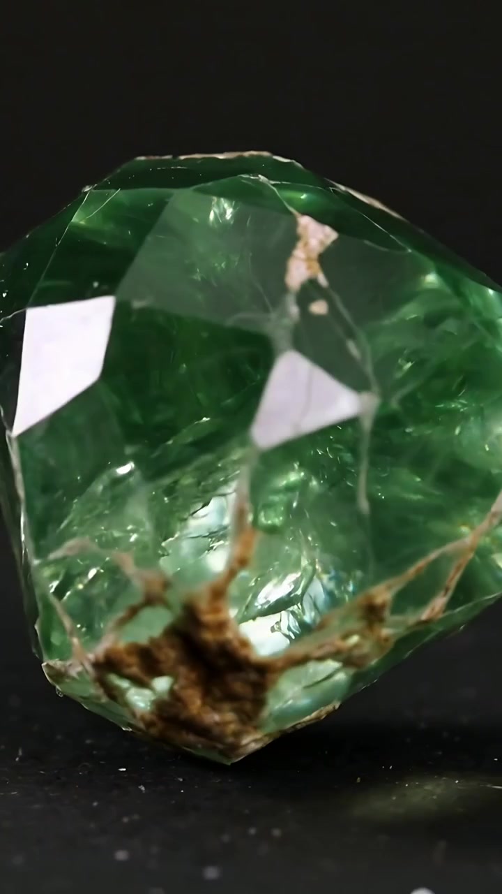 Video verticale: Cristallo verde che ruota su base nera all'inizio della riproduzione, mostrando fratture e matrice