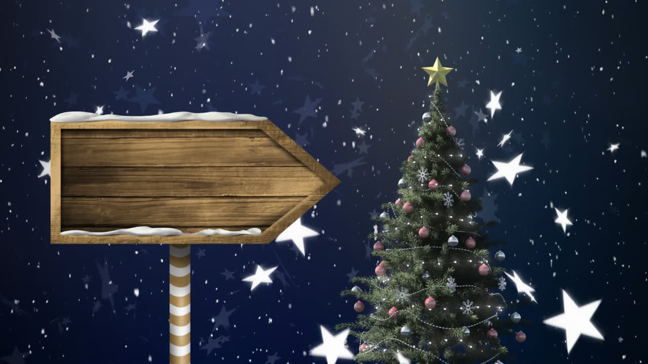 nieve cayendo y cartel de madera