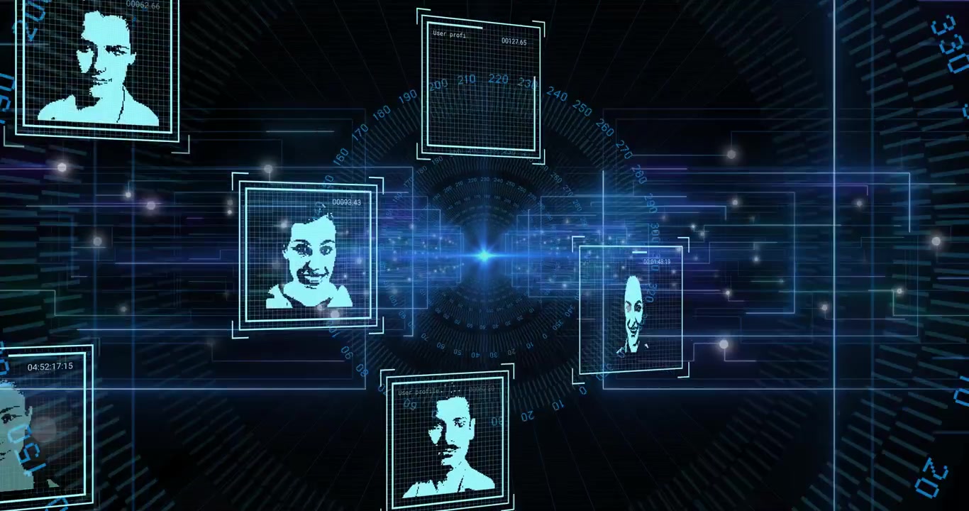 Central pulse sending stream, portraits emerging, shifting, linking around band, mapping profiles