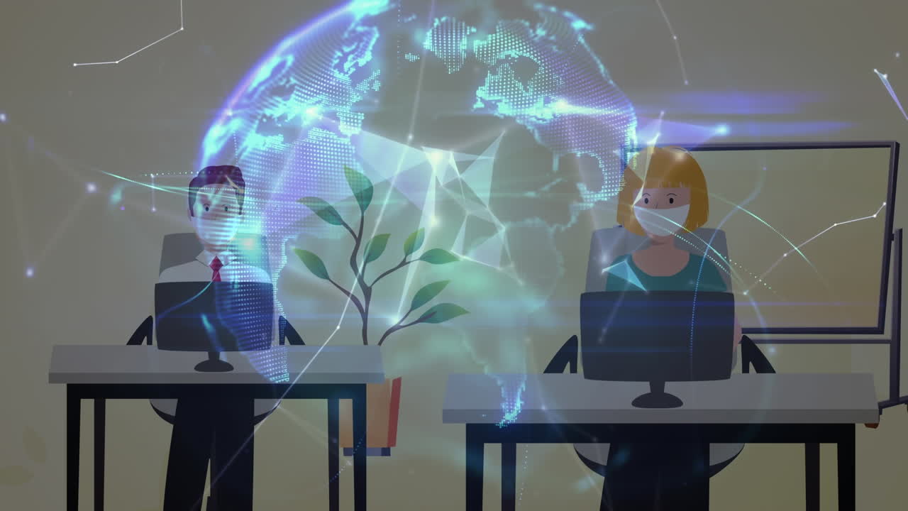 animación del globo con conexiones e íconos sobre personas de negocios íconos trabajando en la oficina.