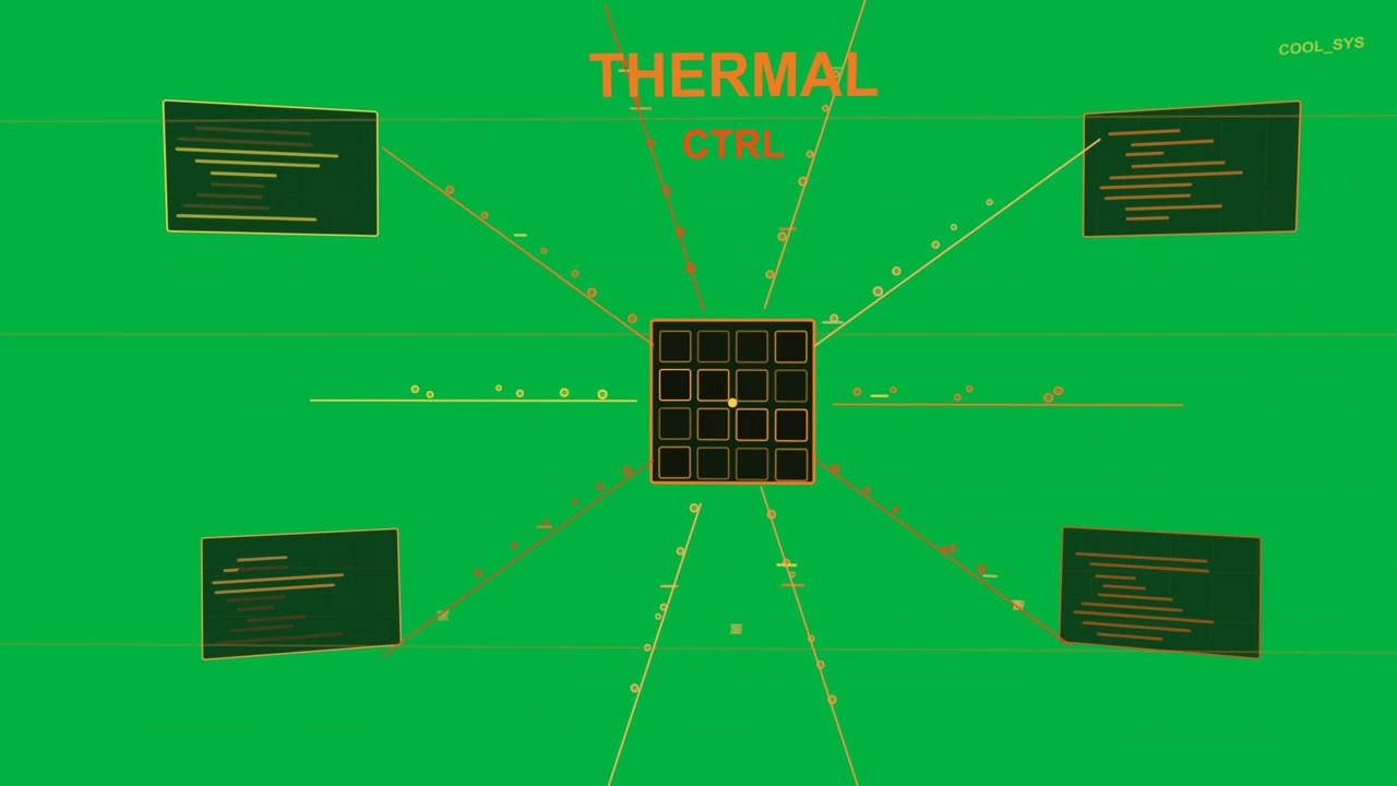 Nero che sfuma in una griglia dinamica, nucleo 3x3 che si divide, nodi che si centrano, mostrando un HUD termico trasparente