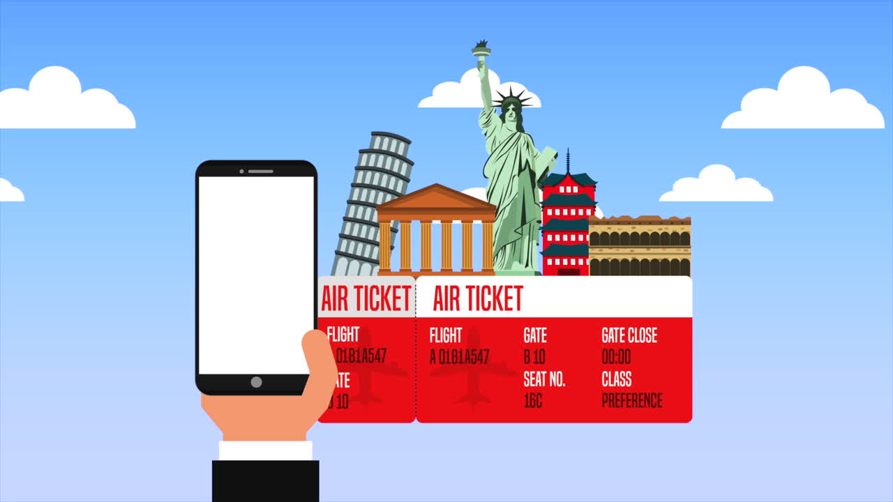 스마트폰과 여행용품 애니메이션을 손에 들고