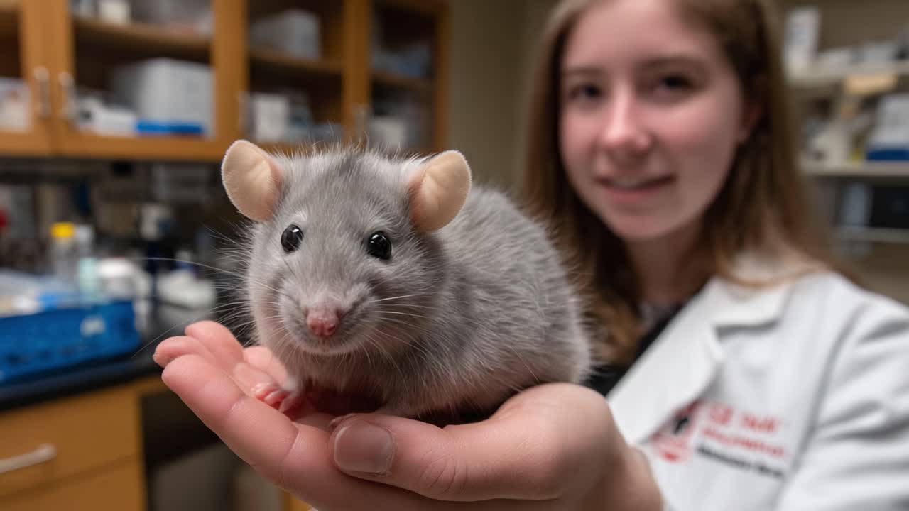 A Young Researcher Holds a Gray Laboratory Mouse in Her Hand, Showcasing the Animal's Curiosity and Adorable Features in a Scientific Setting