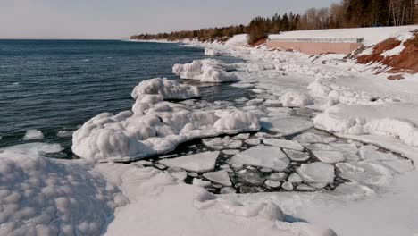 Snowy-And-Icy-Coast-In-Minnesota-During-Winter---aerial-shot