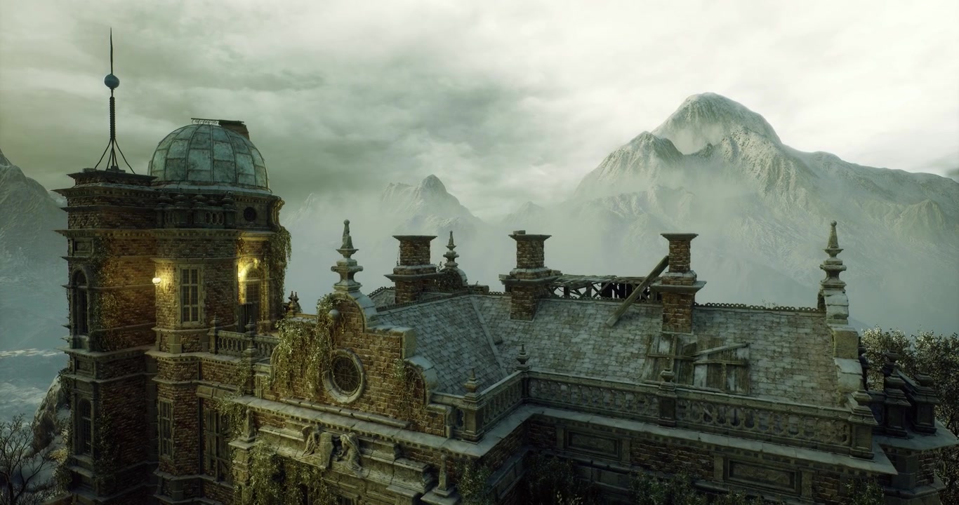 Vivid depiction of ancient observatory amidst foggy peaks and glowing lanterns