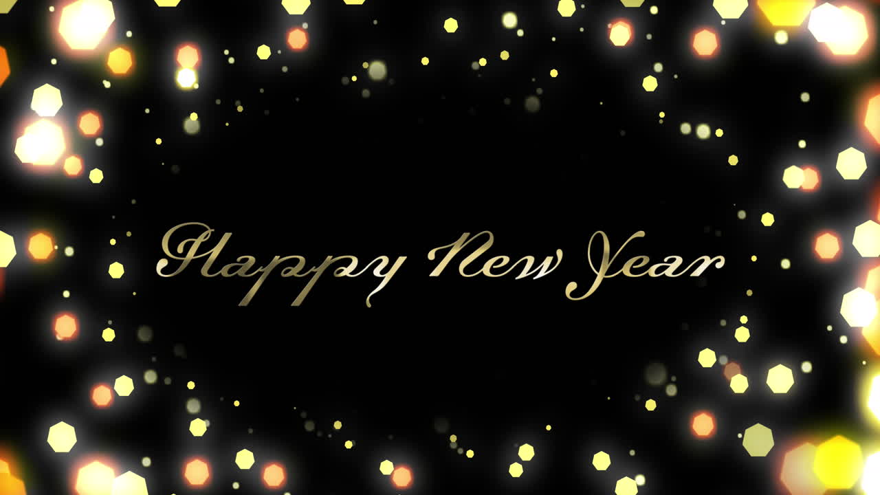 Animation of happy new year text over glowing spots of light on black ...