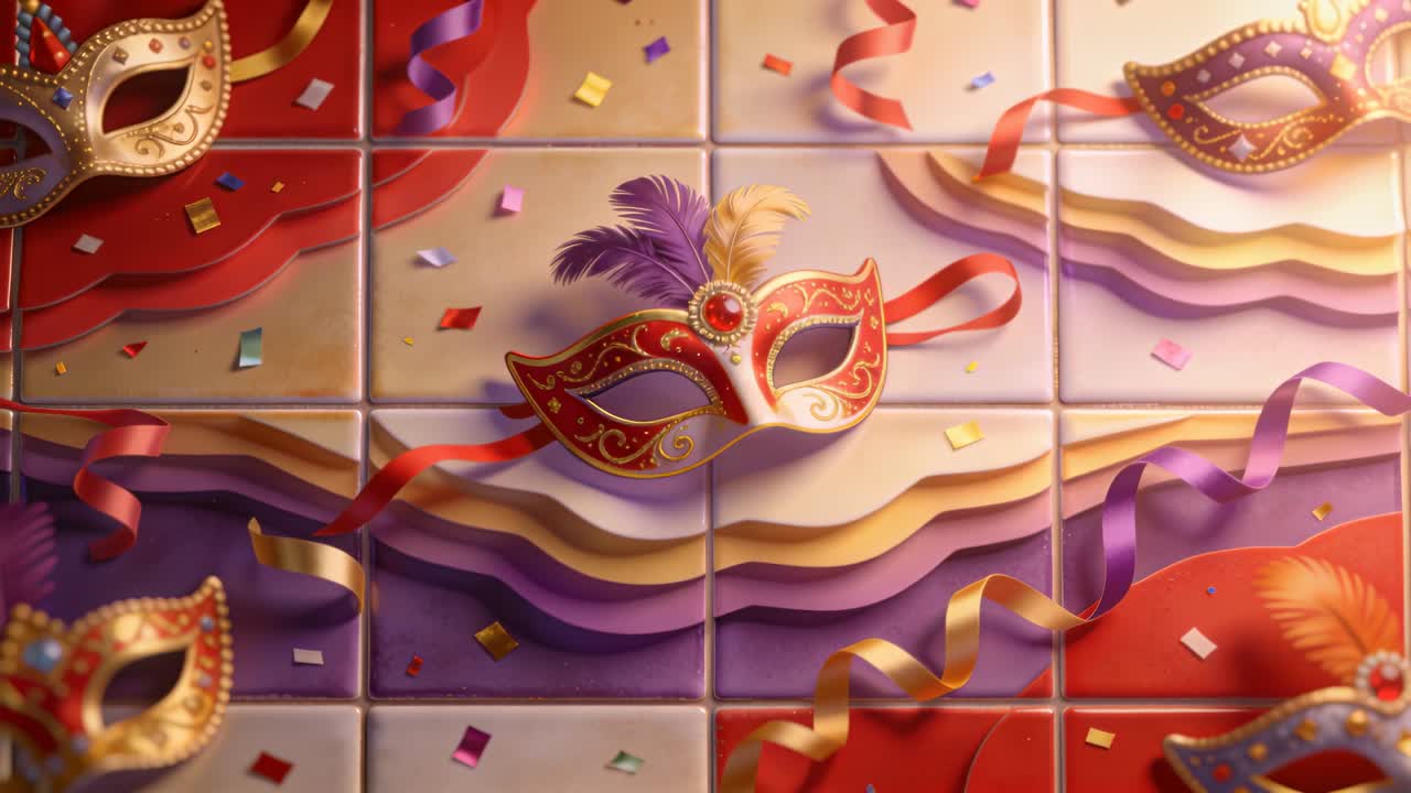 Light shift nudging ribbons and confetti across tiled wall, revealing central feathered mask
