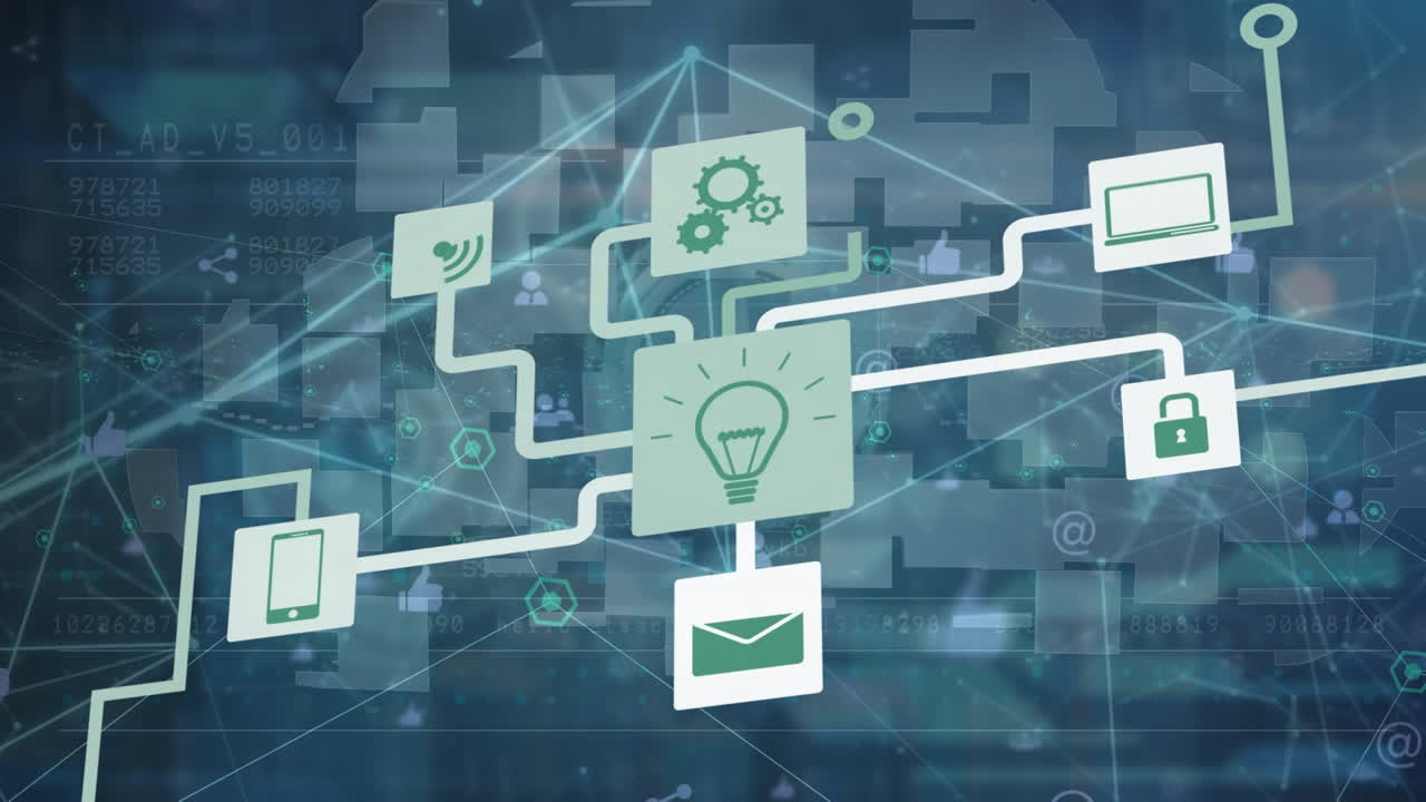 animación de iconos tecnológicos, nubes y red sobre pantalla azul