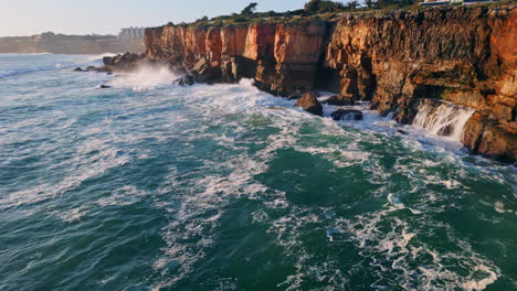 dangerous rough coastal cliffs washed stormy ocean water aerial view. huge waves