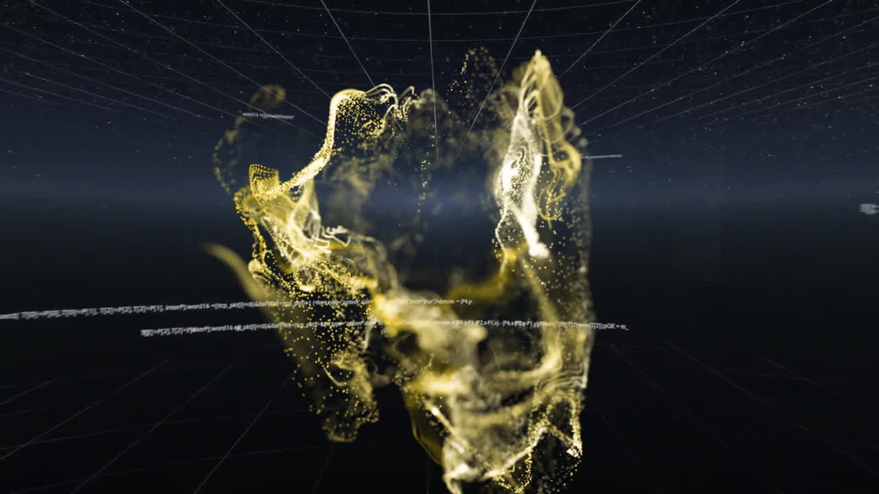 Golden particles forming abstract shape, digital data processing animation