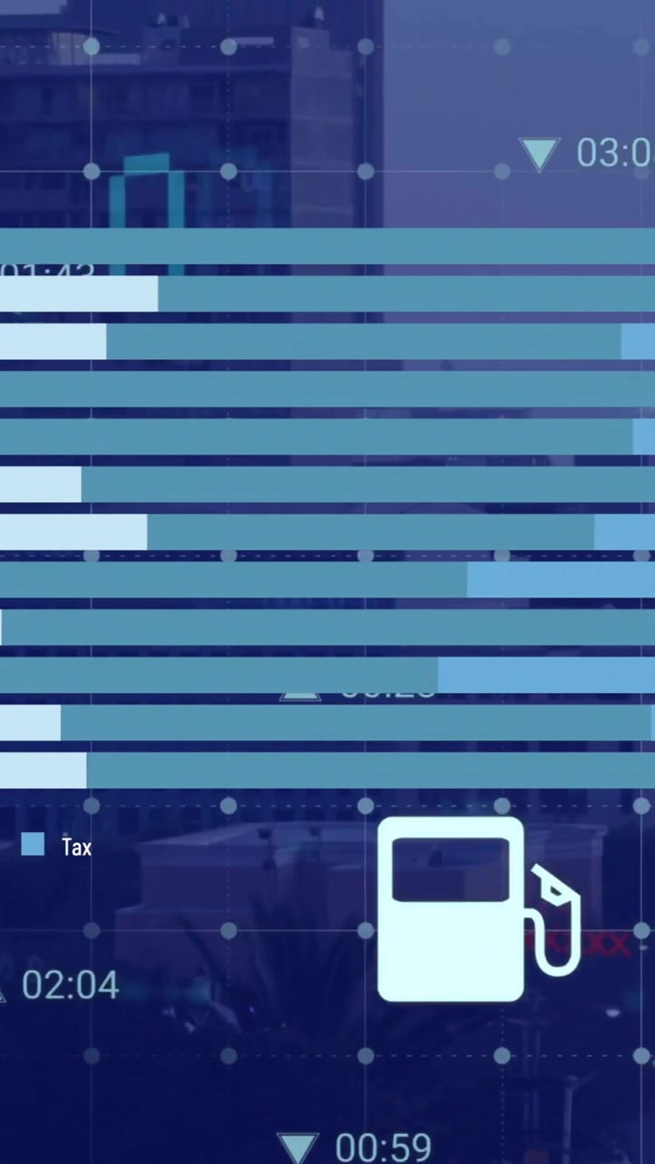 Animation of data processing with icons over cityscape